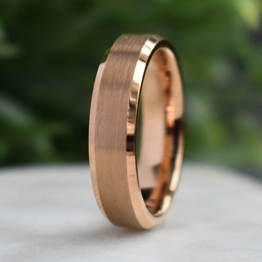 Tungsten Ring 6mm Brushed Rose Gold with Beveled Edge - Tungsten Titans