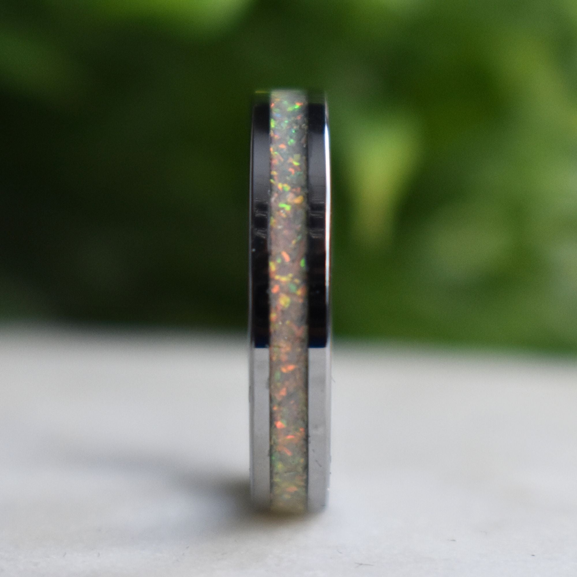 Tungsten 4mm Ring Crushed White Opal Wedding Band - Tungsten Titans