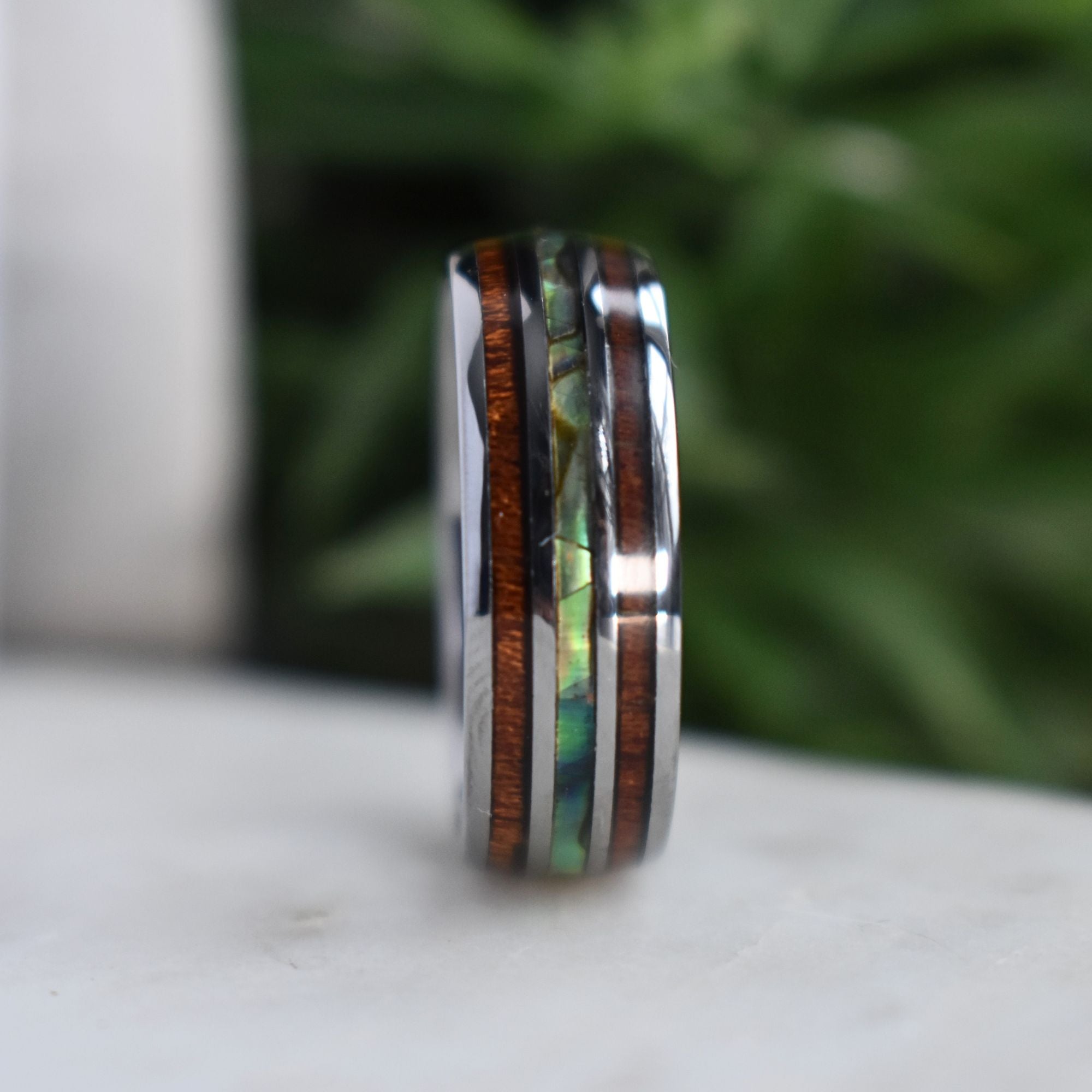 Tungsten 8mm Ring with Koa Wood and Shell Inlay