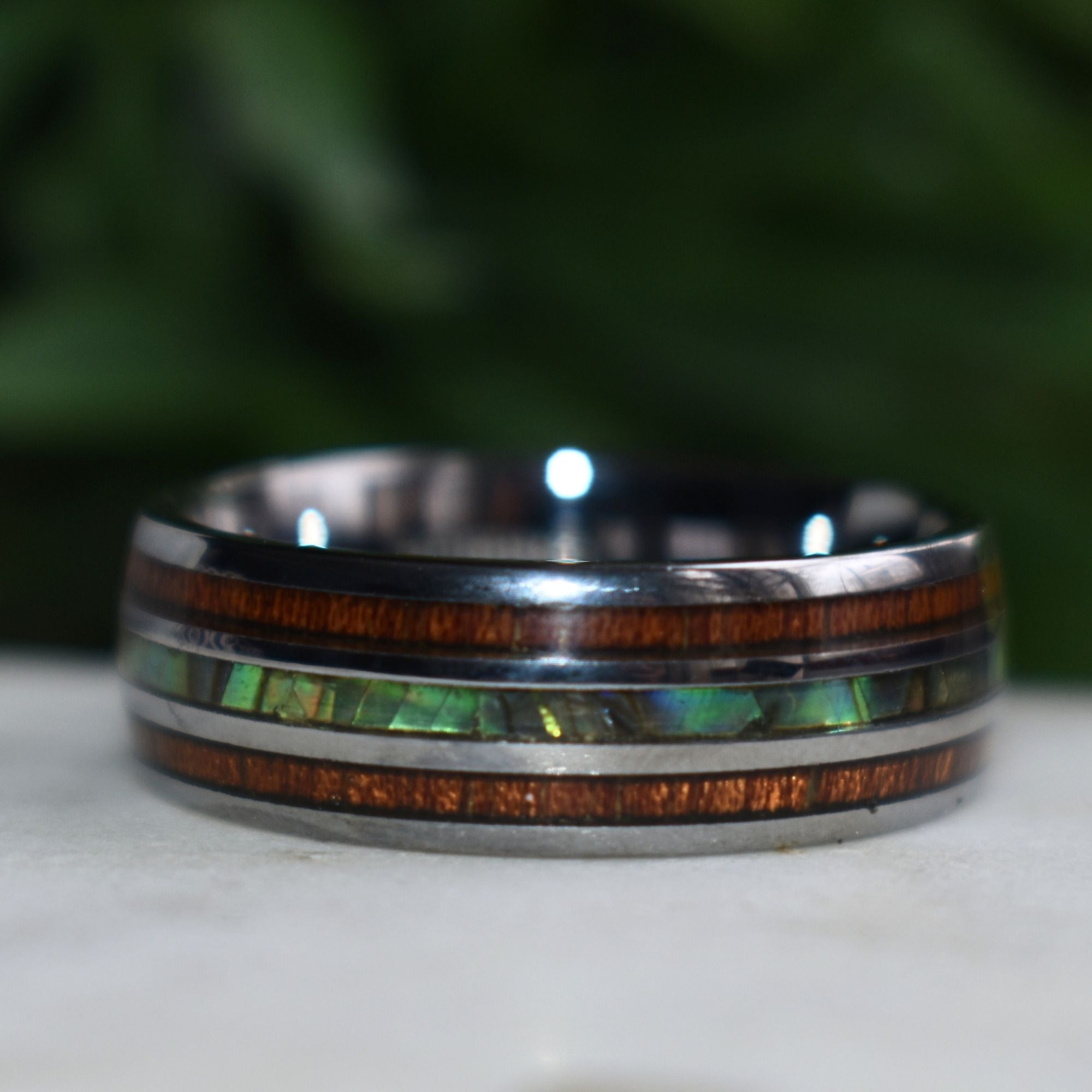 Tungsten 8mm Ring with Koa Wood and Shell Inlay