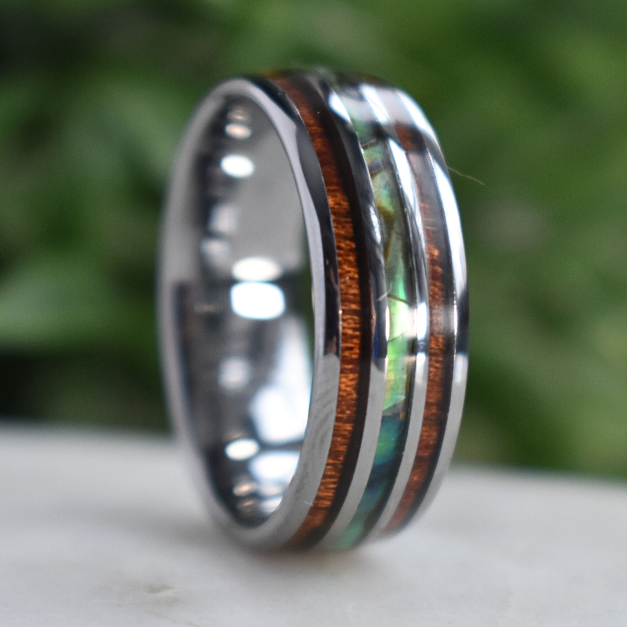 Tungsten 8mm Ring with Koa Wood and Shell Inlay