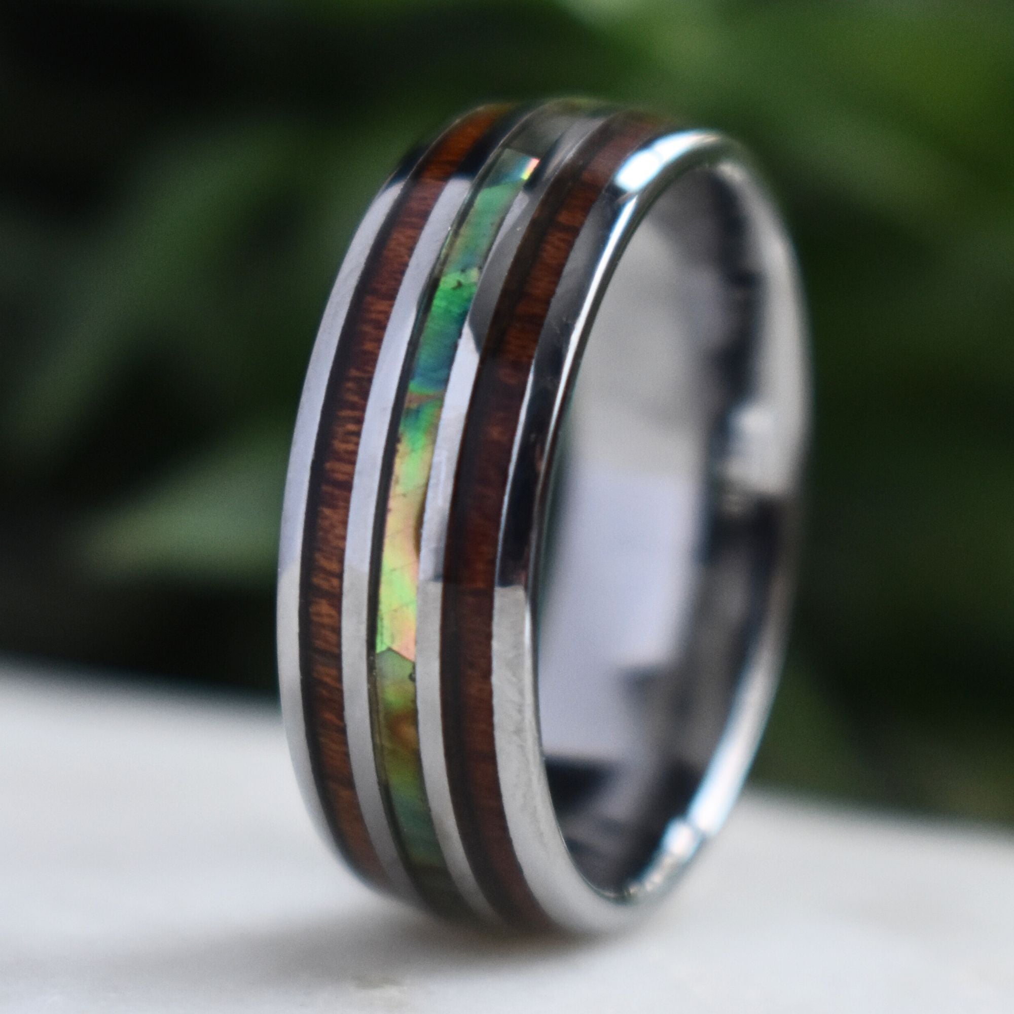 Tungsten 8mm Ring with Koa Wood and Shell Inlay
