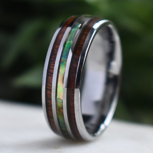 Tungsten 8mm Ring with Koa Wood and Shell Inlay - Tungsten Titans