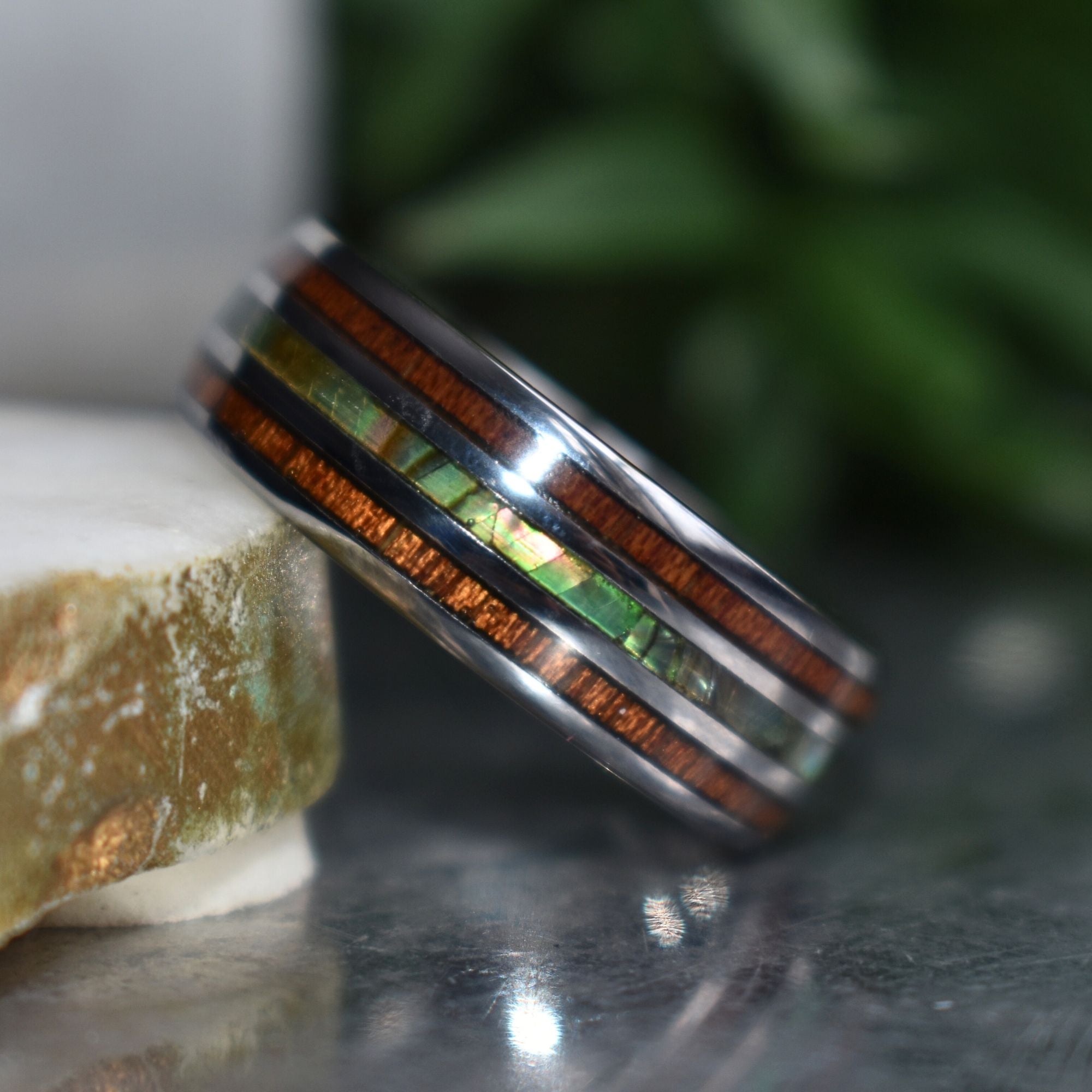 Tungsten 8mm Ring with Koa Wood and Shell Inlay