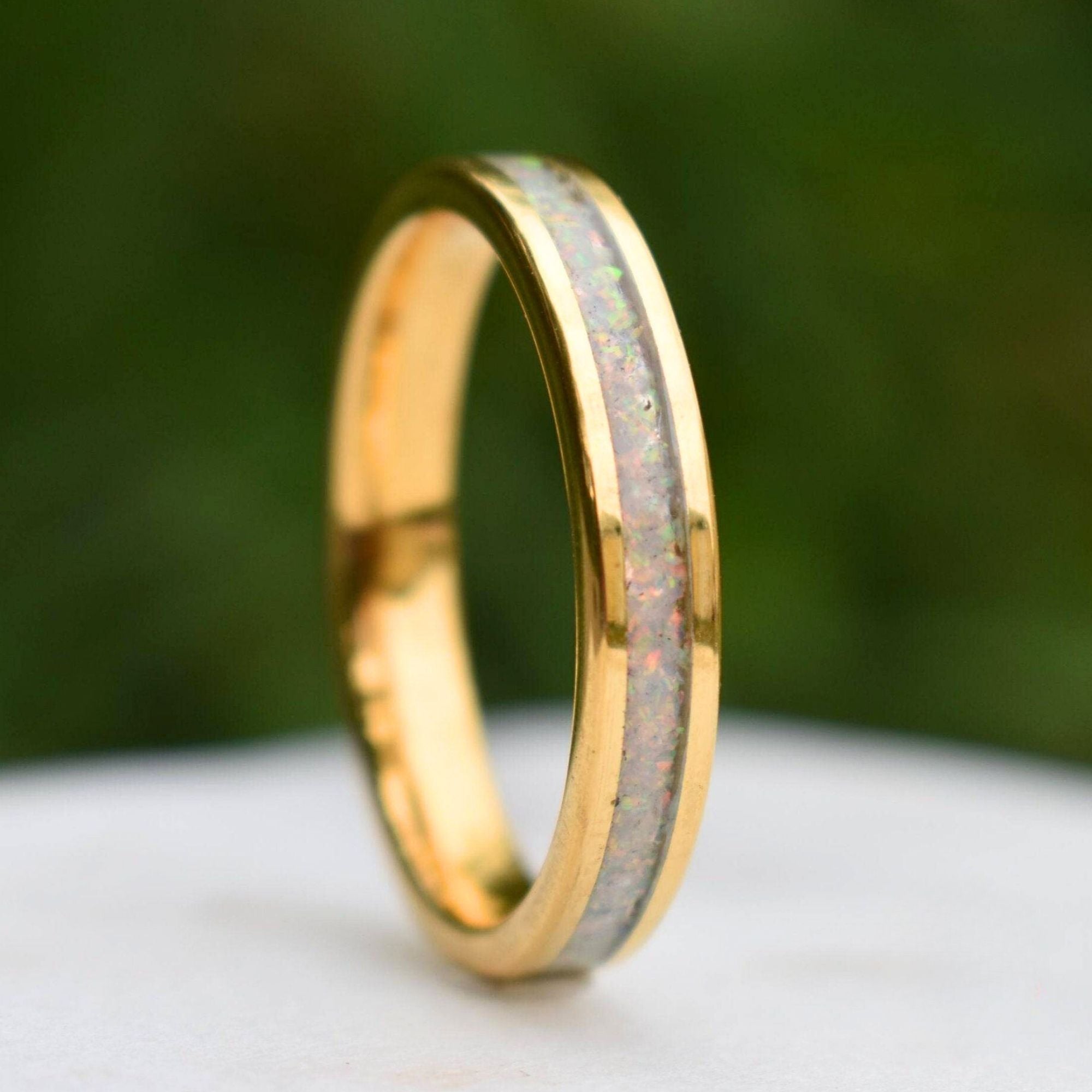 Tungsten 4mm Gold Ring Crushed White Opal Wedding Band - Tungsten Titans