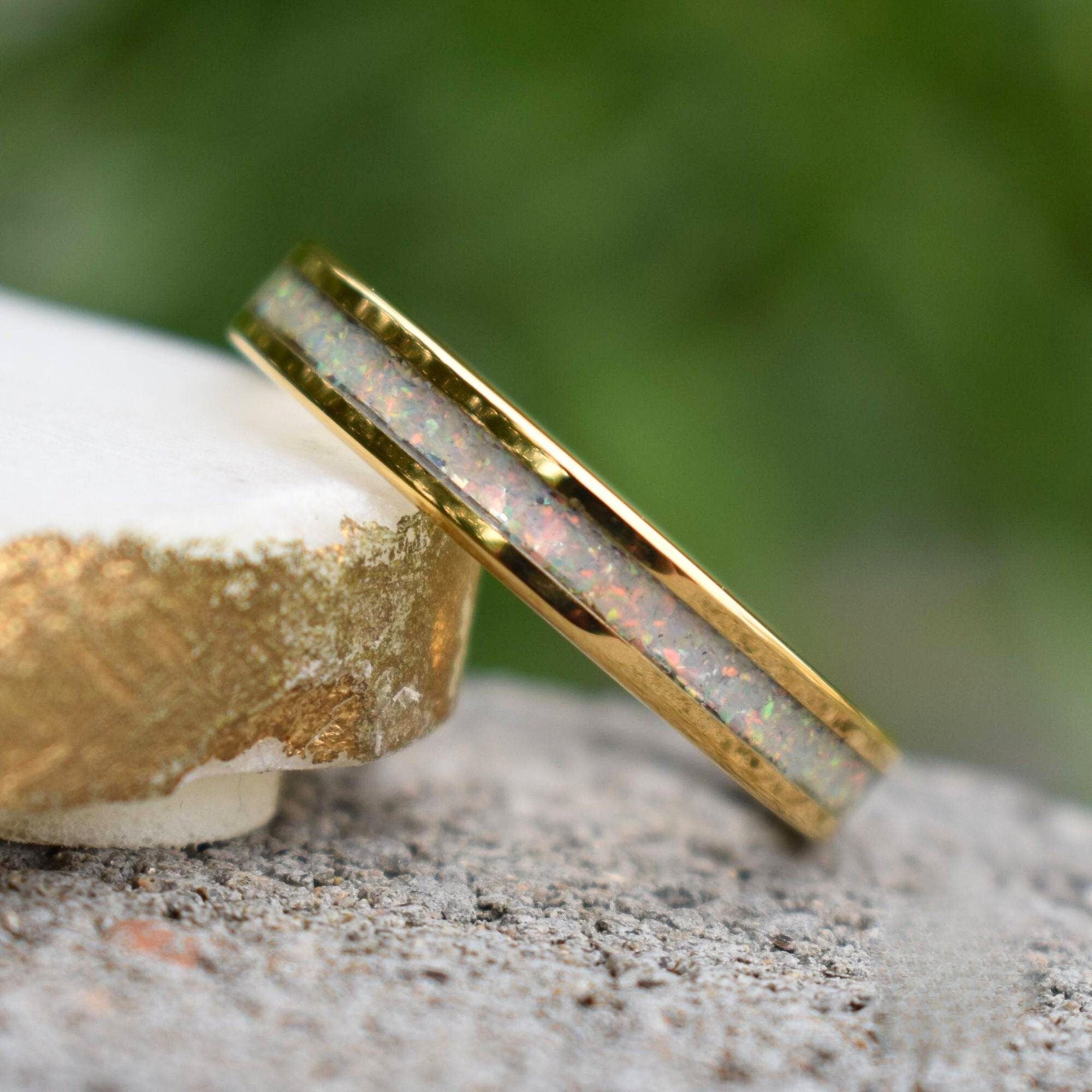 Tungsten 4mm Gold Ring Crushed White Opal Wedding Band - Tungsten Titans