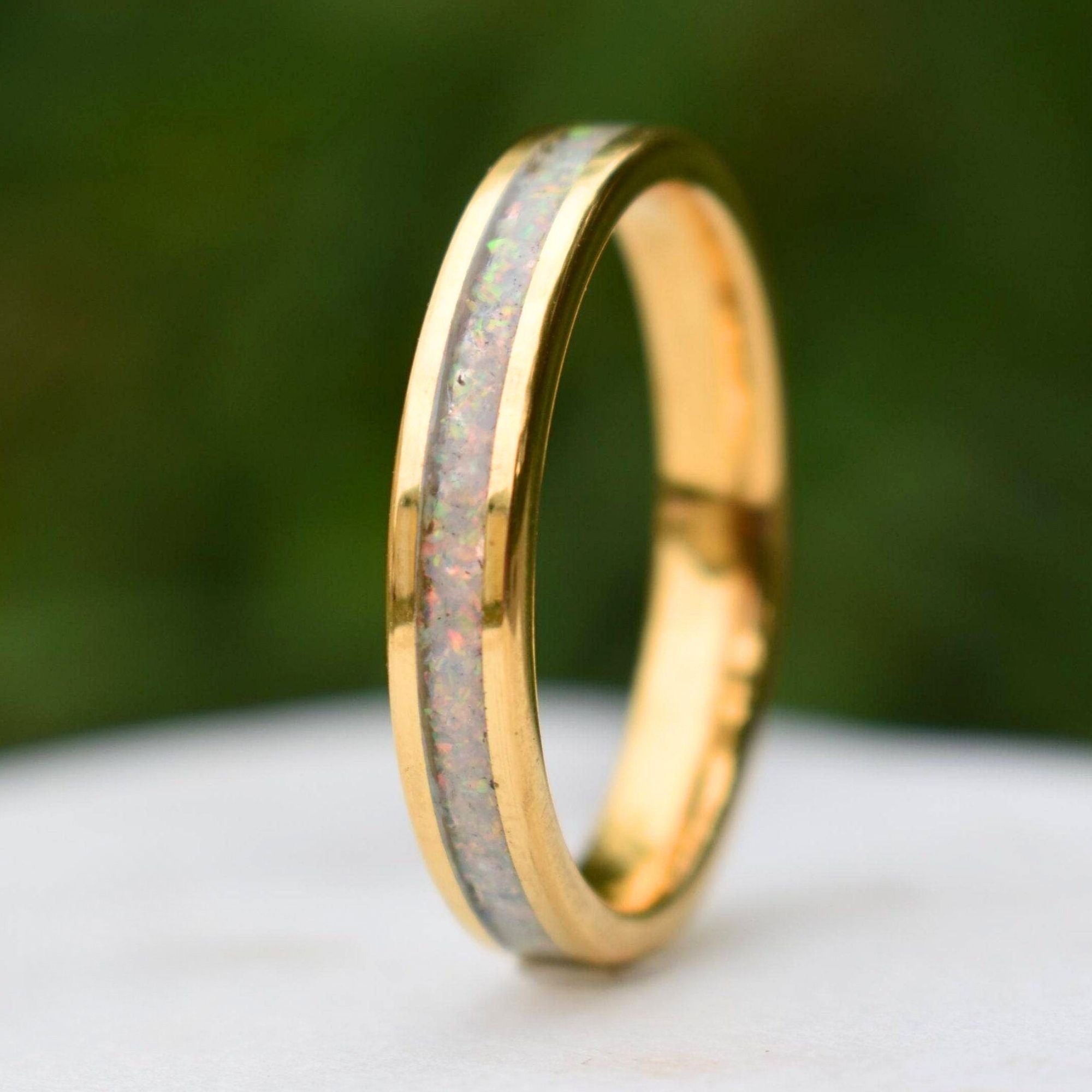 Tungsten 4mm Gold Ring Crushed White Opal Wedding Band - Tungsten Titans