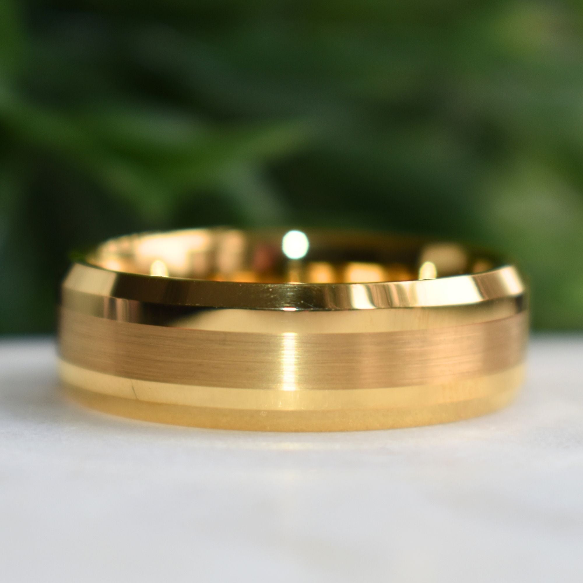 Tungsten 8mm Brushed Gold Ring with High Polished Edges - Tungsten Titans