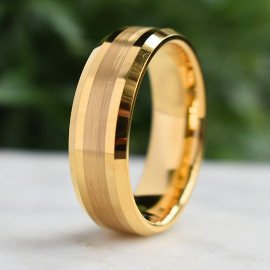 Tungsten 8mm Brushed Gold Ring with High Polished Edges - Tungsten Titans