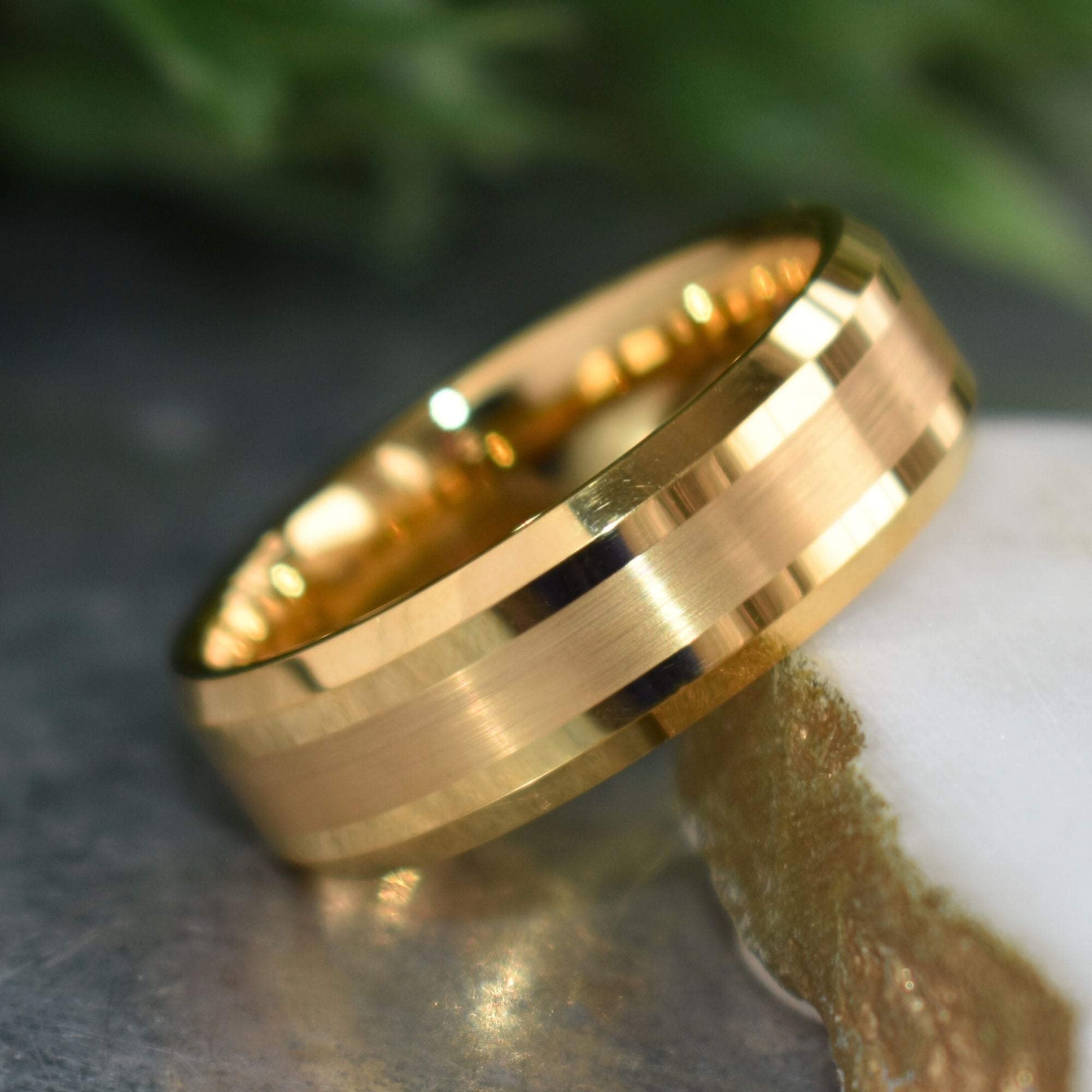 Tungsten 8mm Brushed Gold Ring with High Polished Edges - Tungsten Titans