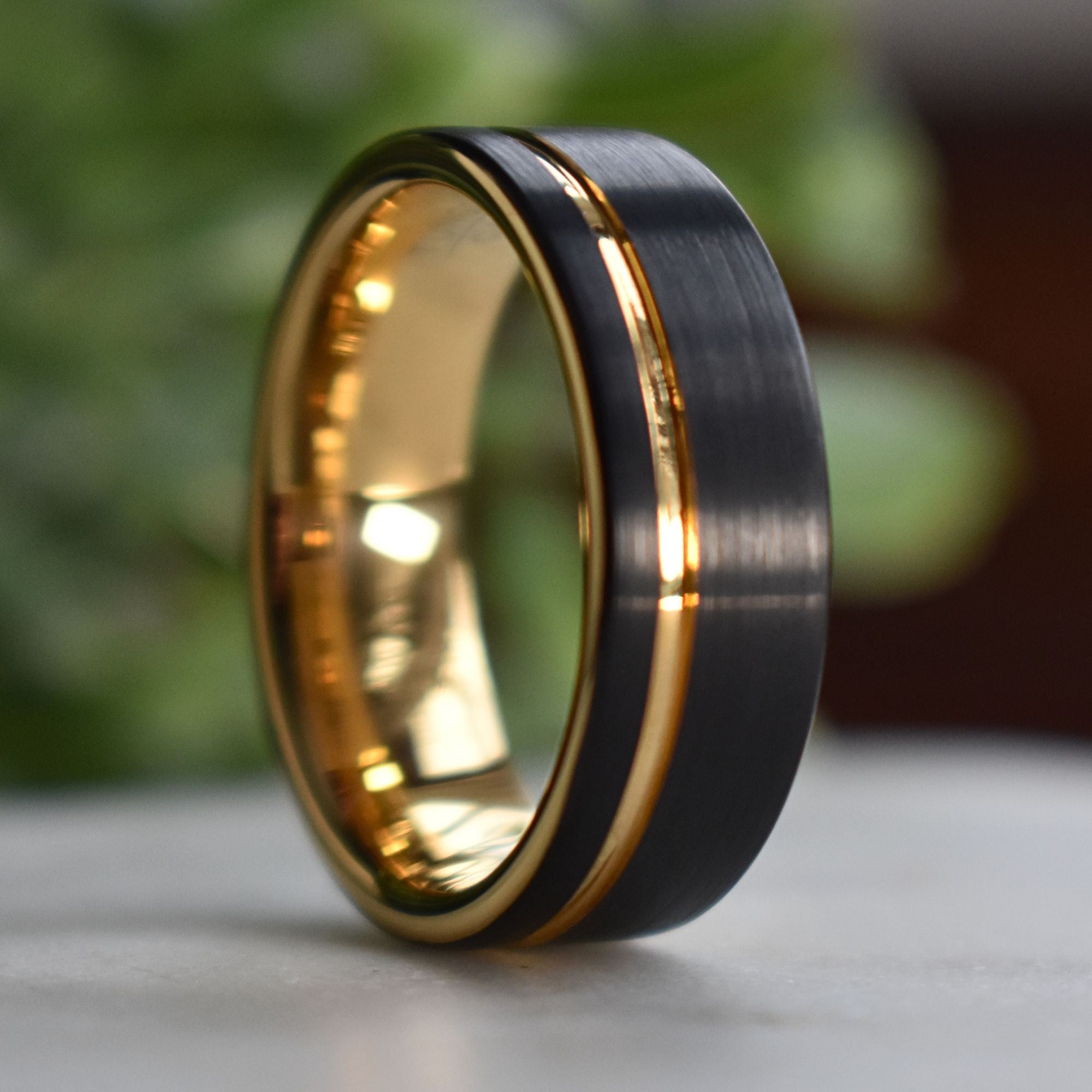 Tungsten 8mm Ring Brushed Black with Gold Accent Stripe - Tungsten Titans
