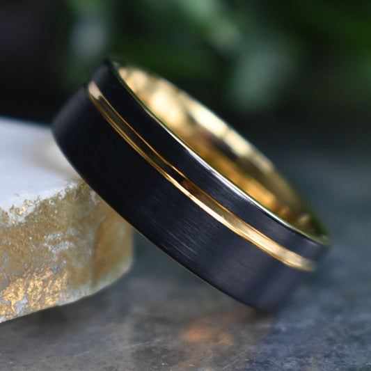 Tungsten 8mm Ring Brushed Black with Gold Accent Stripe - Tungsten Titans