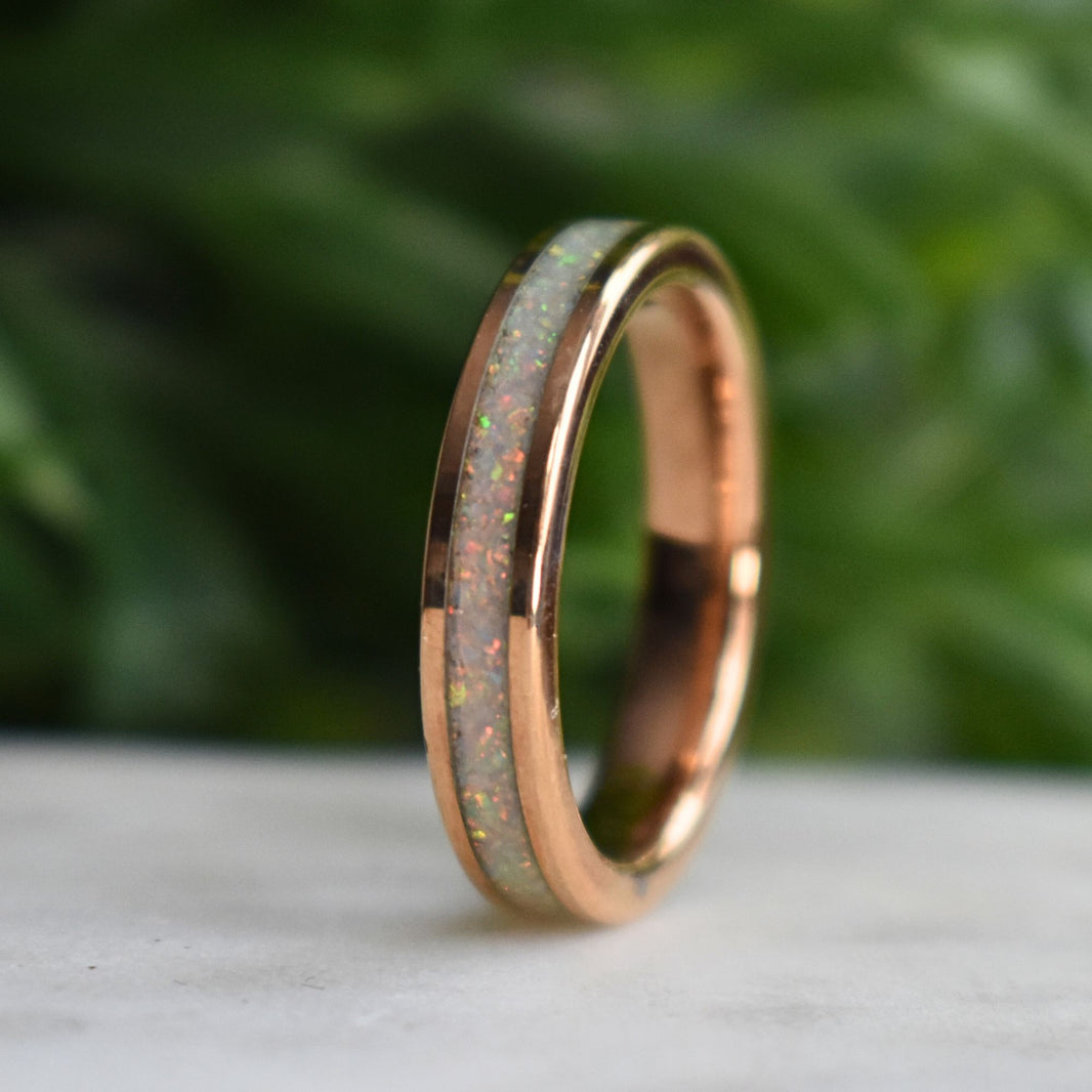 Purple and White Opal Tungsten Ring