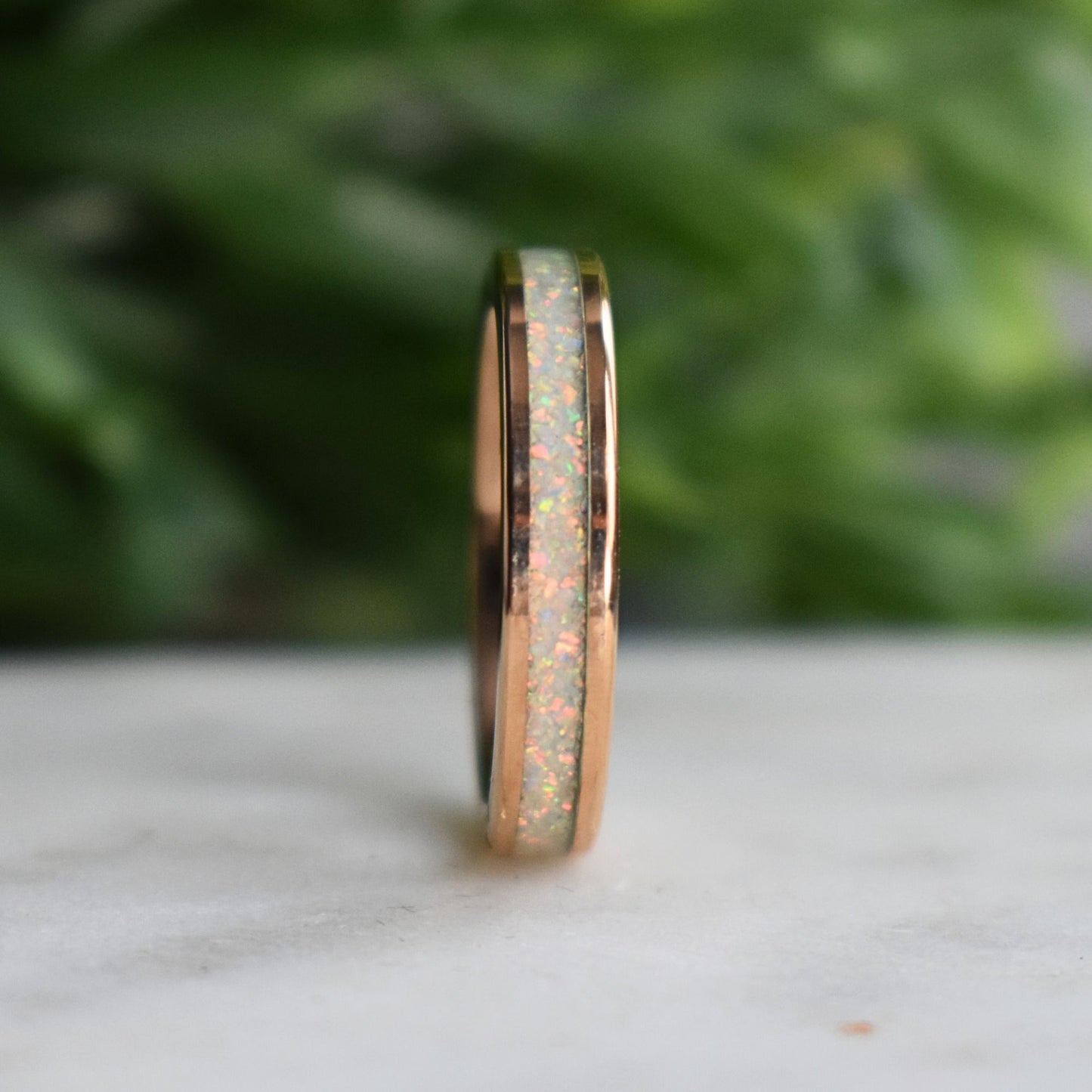 Tungsten 4mm Rose Gold Ring Crushed White Opal Wedding Band