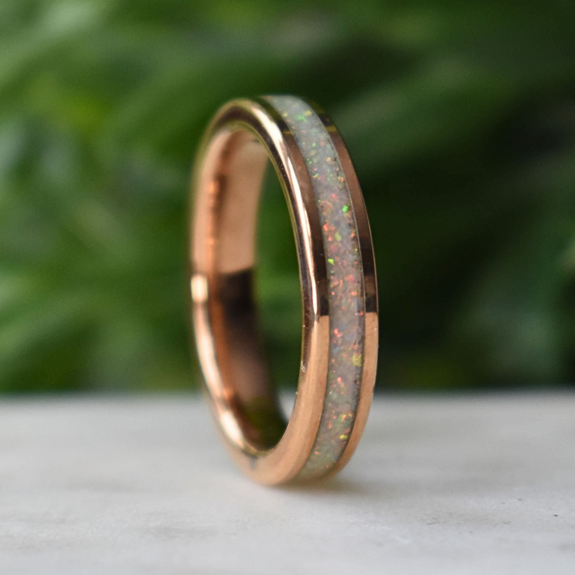 Tungsten 4mm Rose Gold Ring Crushed White Opal Wedding Band - Tungsten Titans