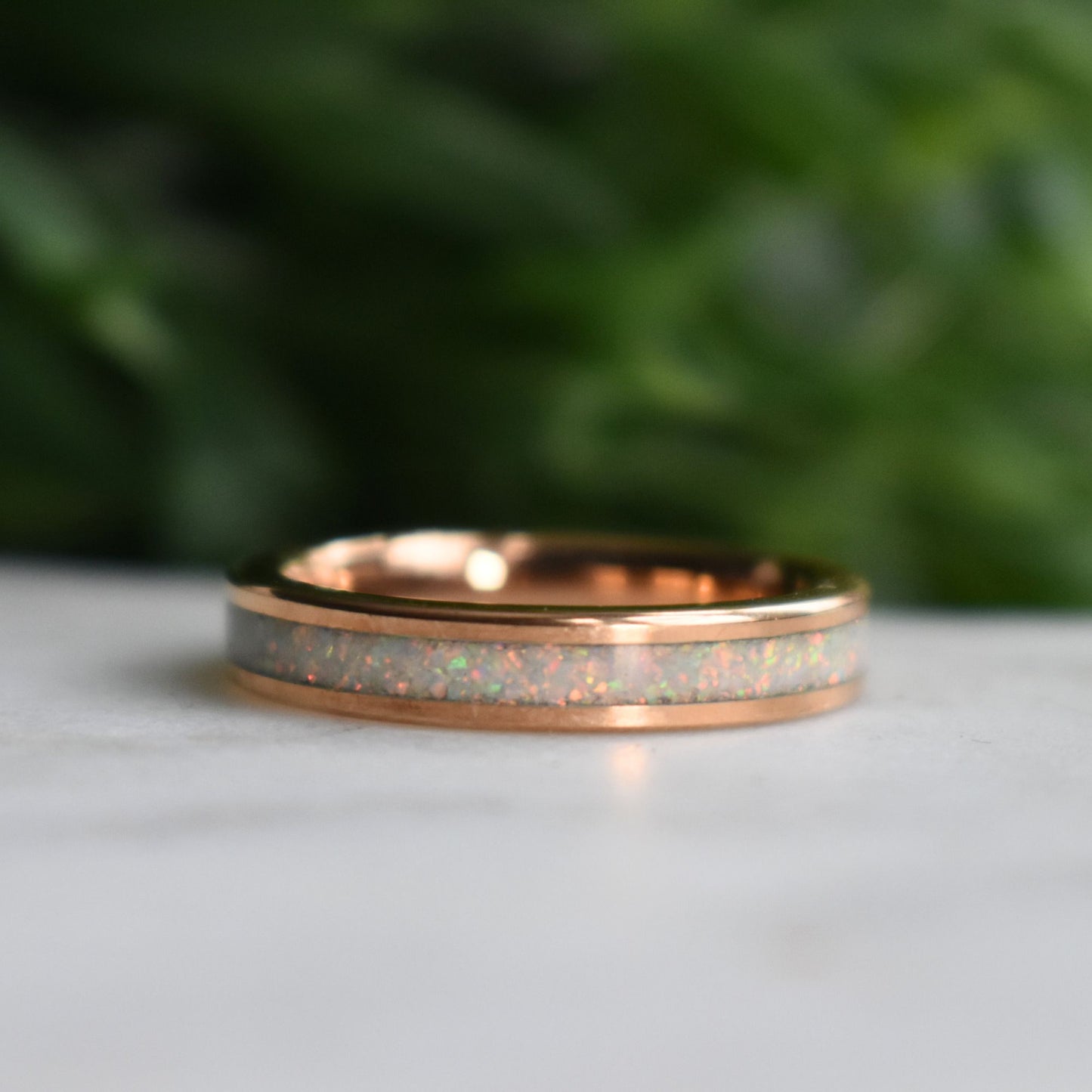 Tungsten 4mm Rose Gold Ring Crushed White Opal Wedding Band