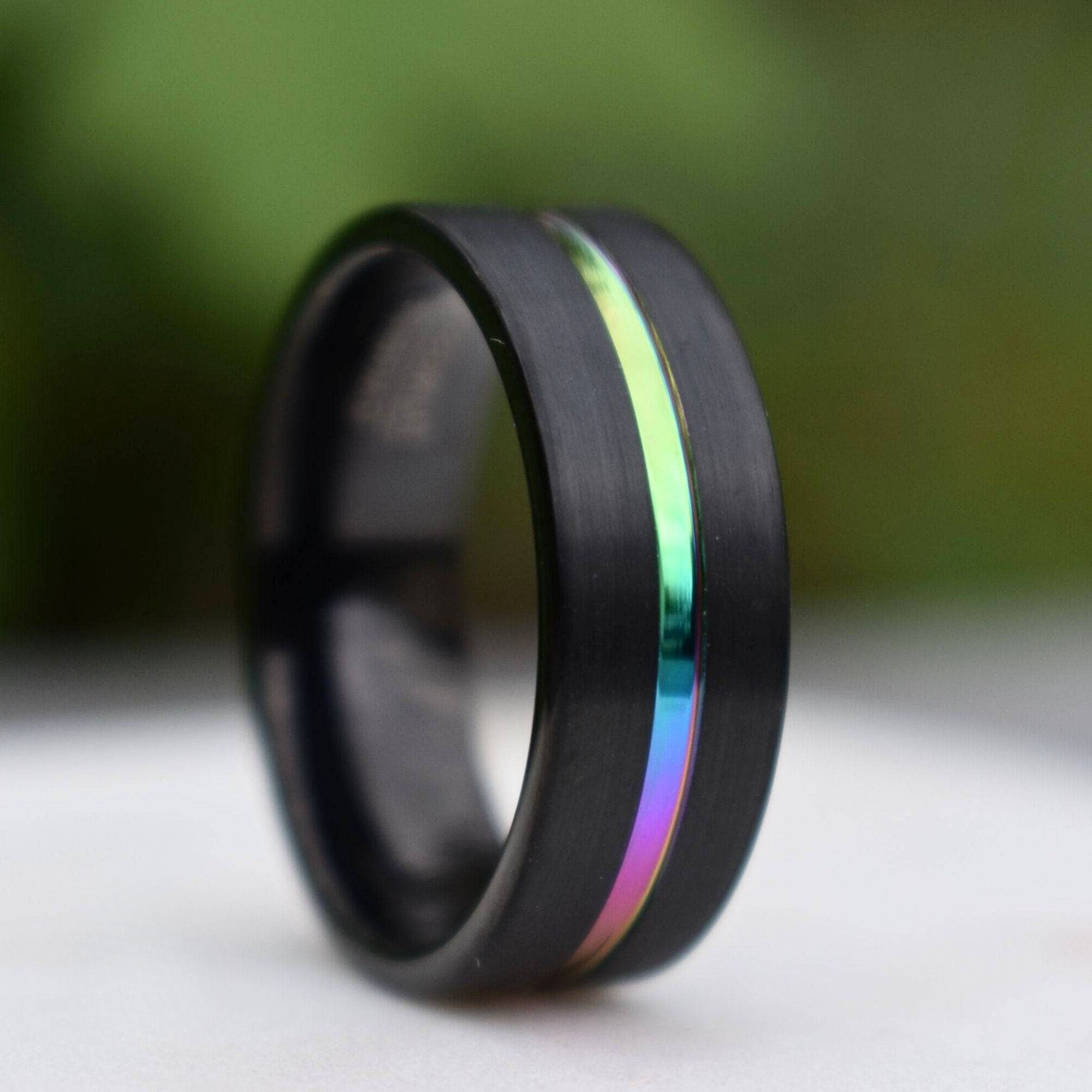Tungsten 8mm Ring Black with Rainbow Center