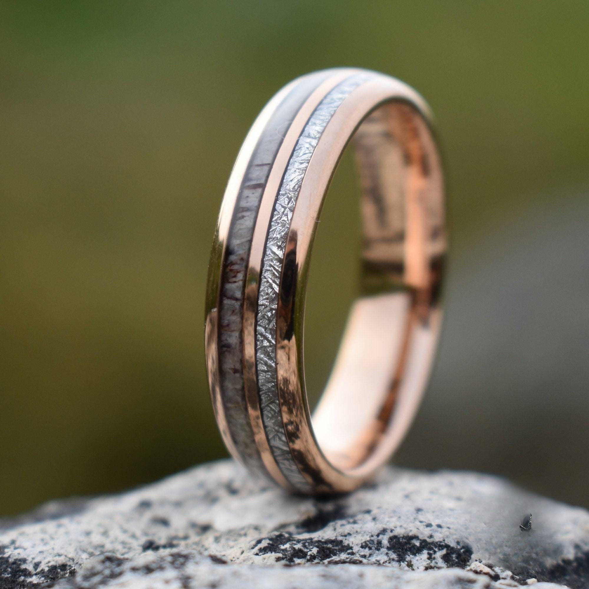 Rose Gold Tungsten 6mm Ring with Deer Antler and Meteorite - Tungsten Titans