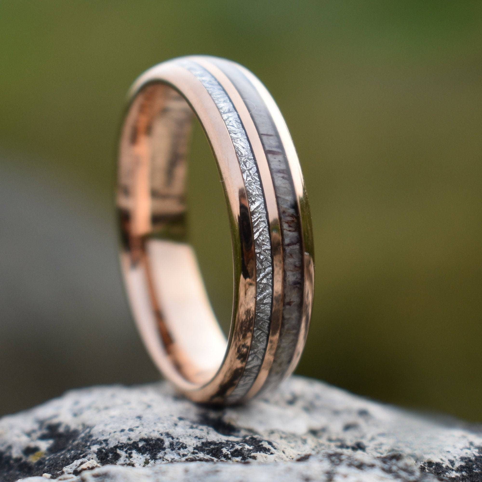 Rose Gold Tungsten 6mm Ring with Deer Antler and Meteorite - Tungsten Titans