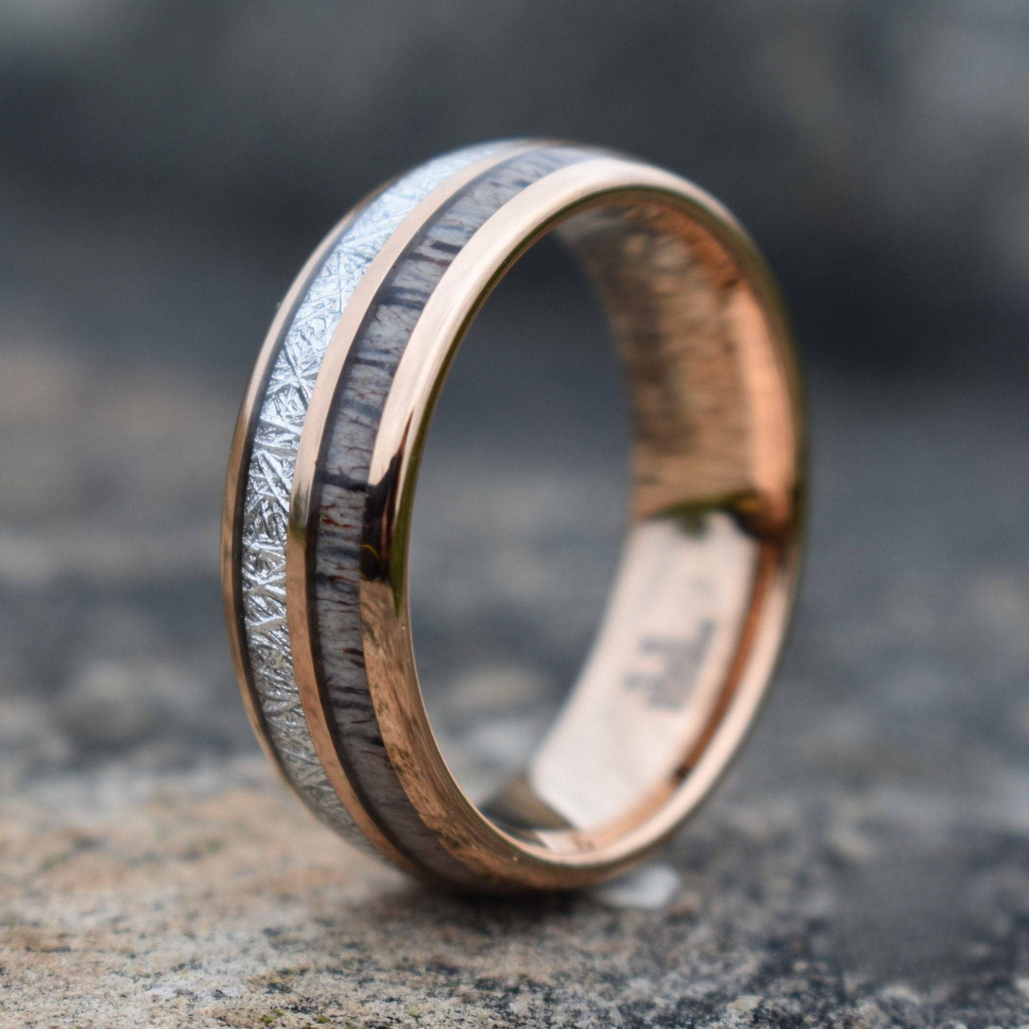 Rose Gold Tungsten 8mm Ring with Deer Antler and Meteorite - Tungsten Titans