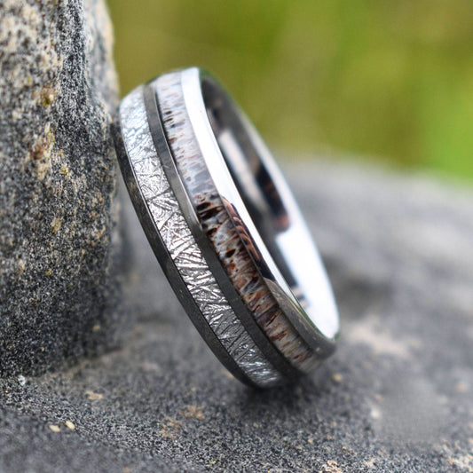 Silver Tungsten 8mm Ring with Deer Antler and Meteorite - Tungsten Titans