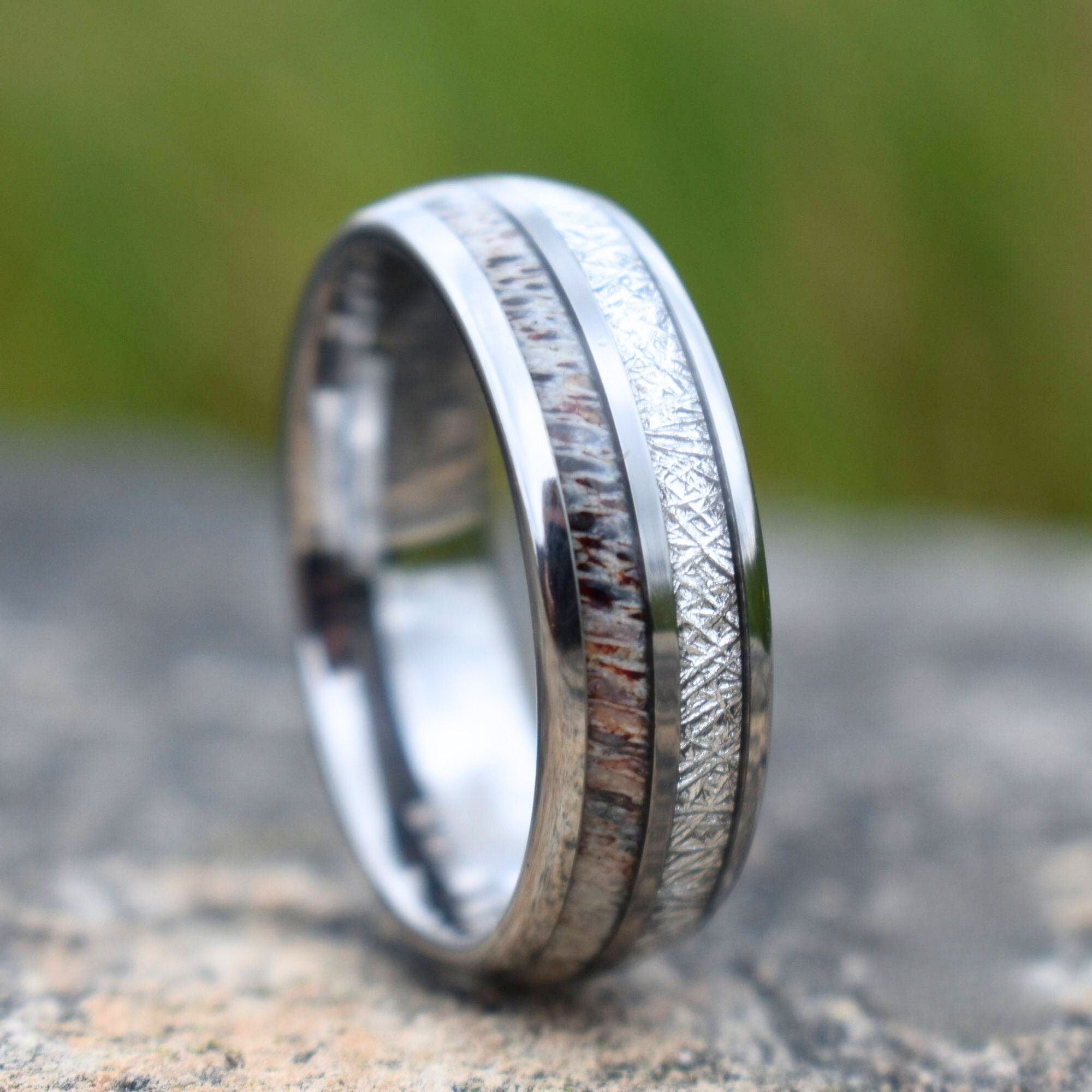 Silver Tungsten 8mm Ring with Deer Antler and Meteorite - Tungsten Titans