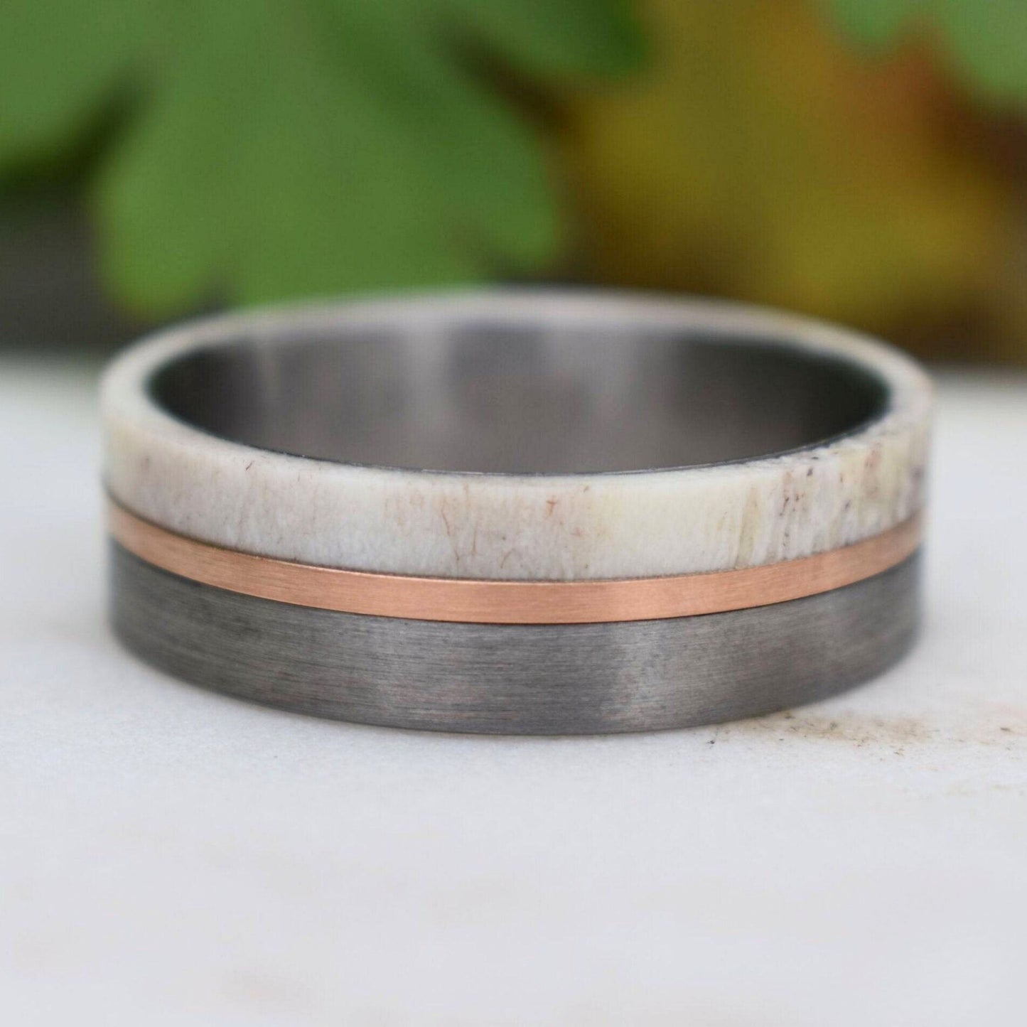 Deer Antler and Brushed Silver Tungsten 8mm Ring with Rose Gold Center