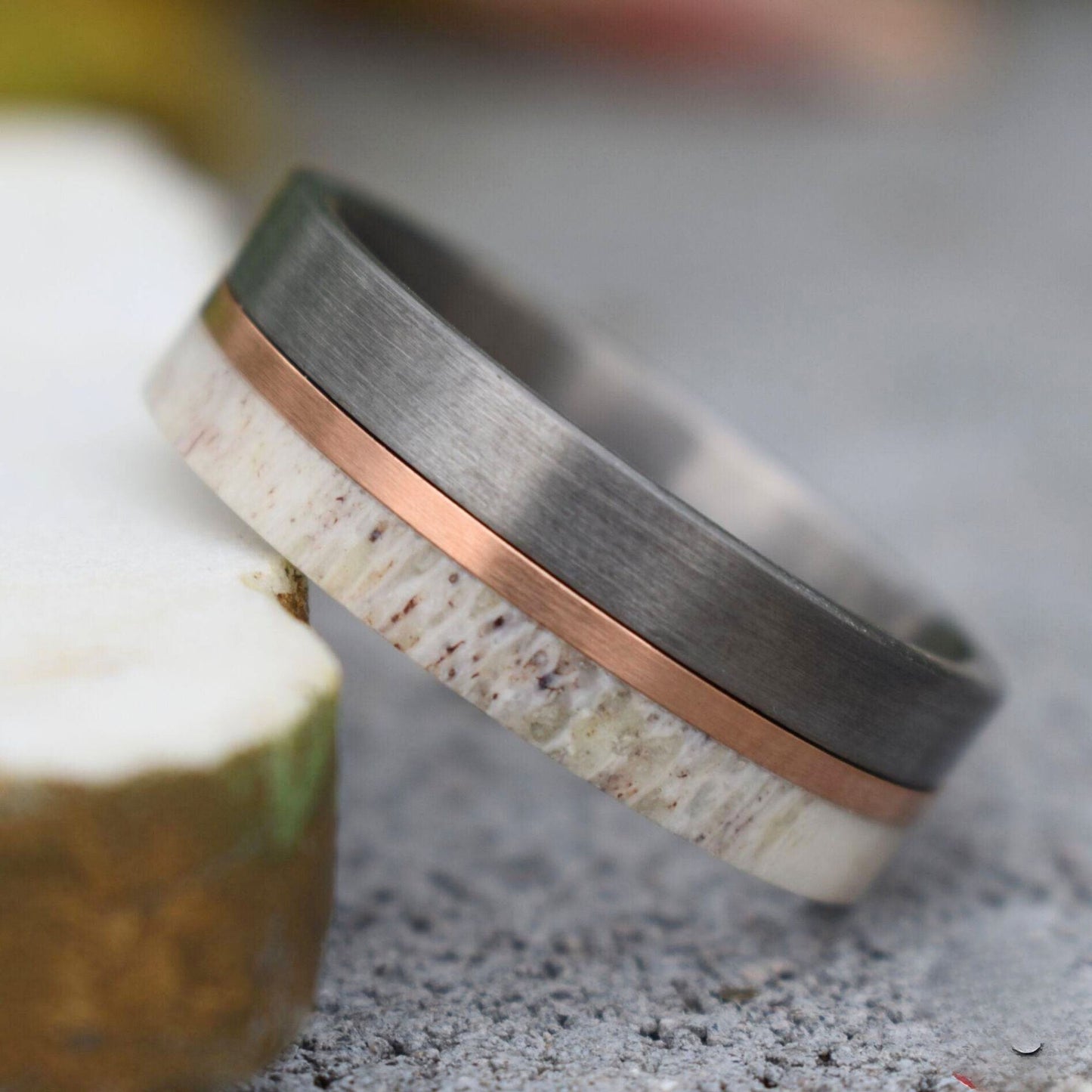 Deer Antler and Brushed Silver Tungsten 8mm Ring with Rose Gold Center