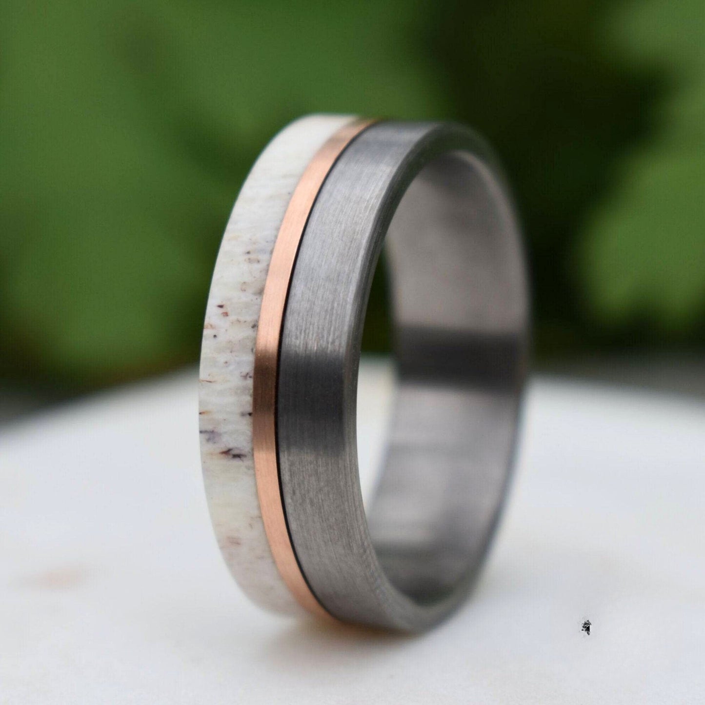 Deer Antler and Brushed Silver Tungsten 8mm Ring with Rose Gold Center