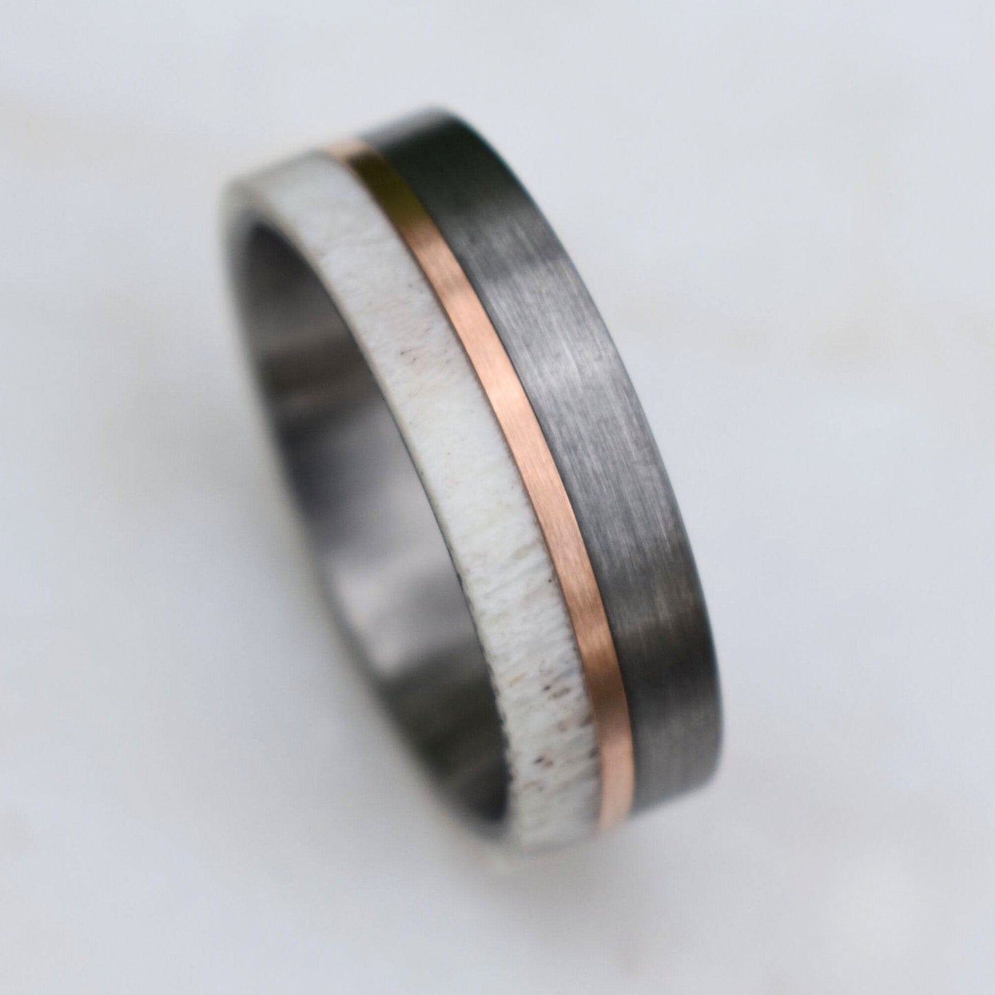 Deer Antler and Brushed Silver Tungsten 8mm Ring with Rose Gold Center