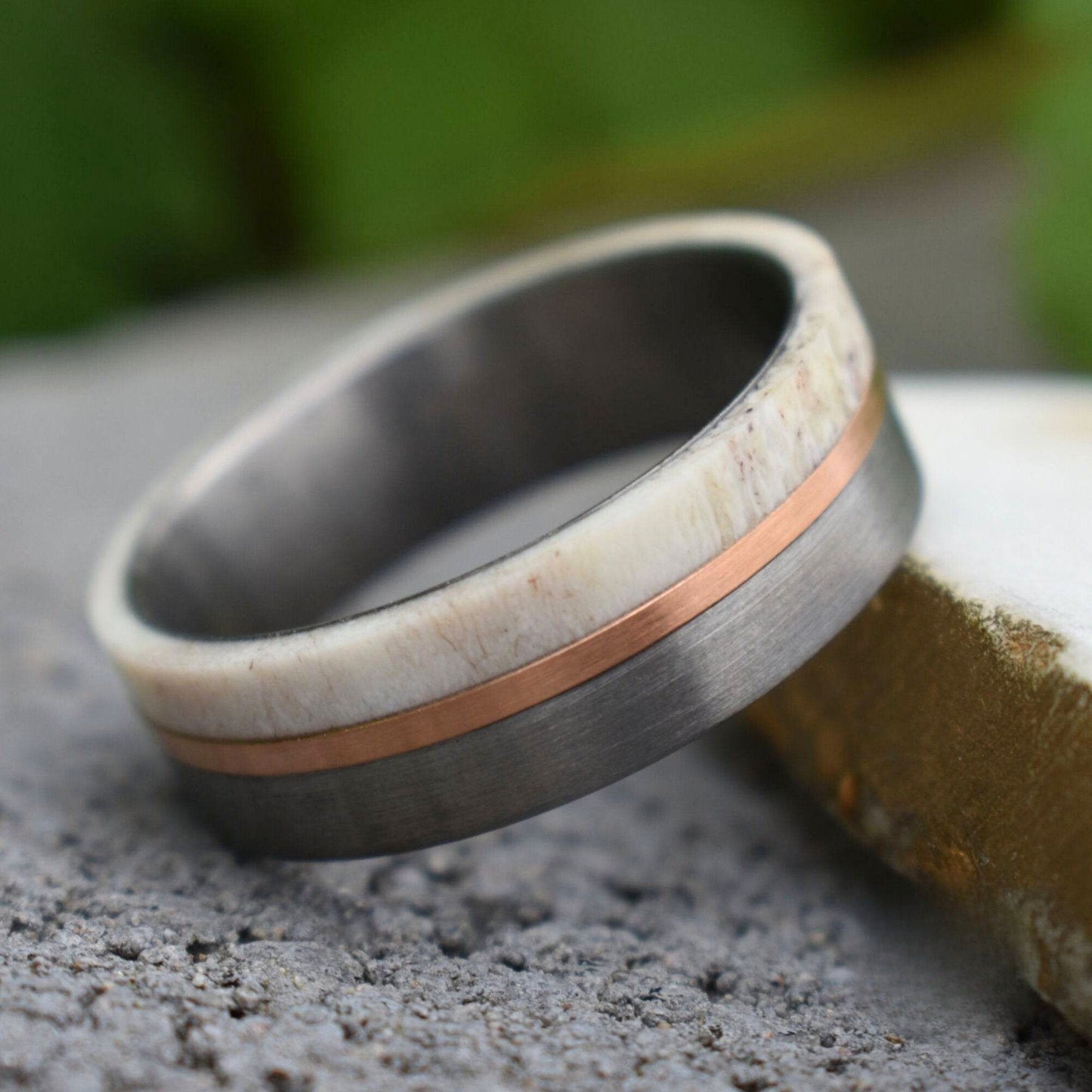 Deer Antler and Brushed Silver Tungsten 8mm Ring with Rose Gold Center