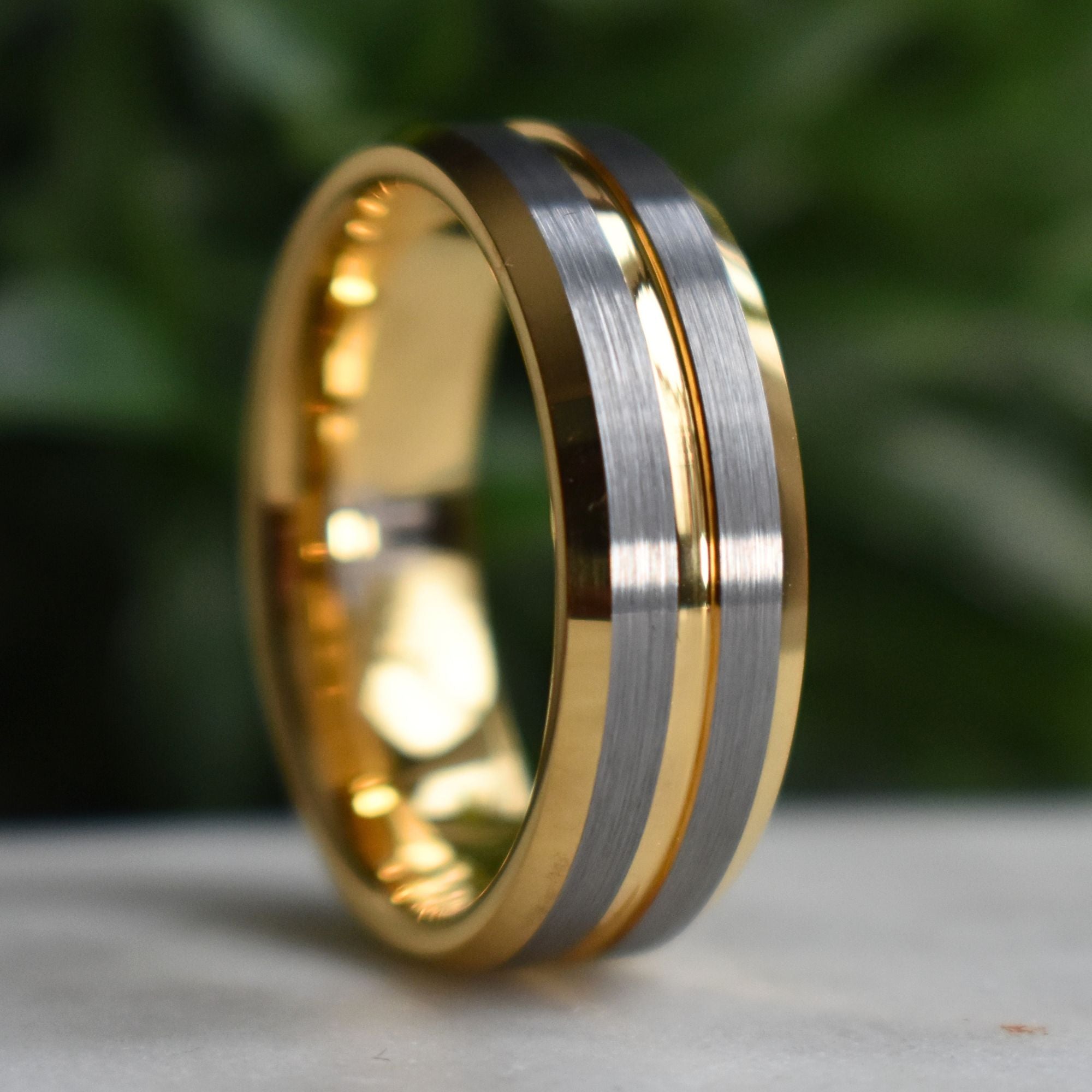 Tungsten 8mm Gold Ring with Brushed Silver Bands - Tungsten Titans
