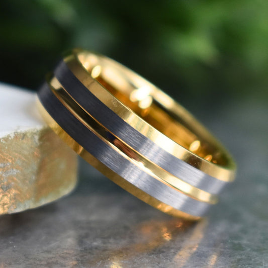 Tungsten 8mm Gold Ring with Brushed Silver Bands - Tungsten Titans
