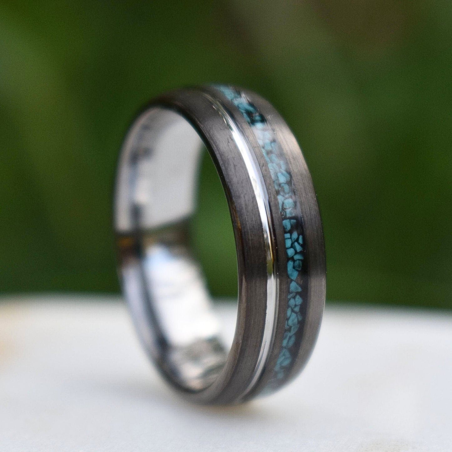 Tungsten 8mm Ring Grey with Silver Accent and Crushed Turquoise