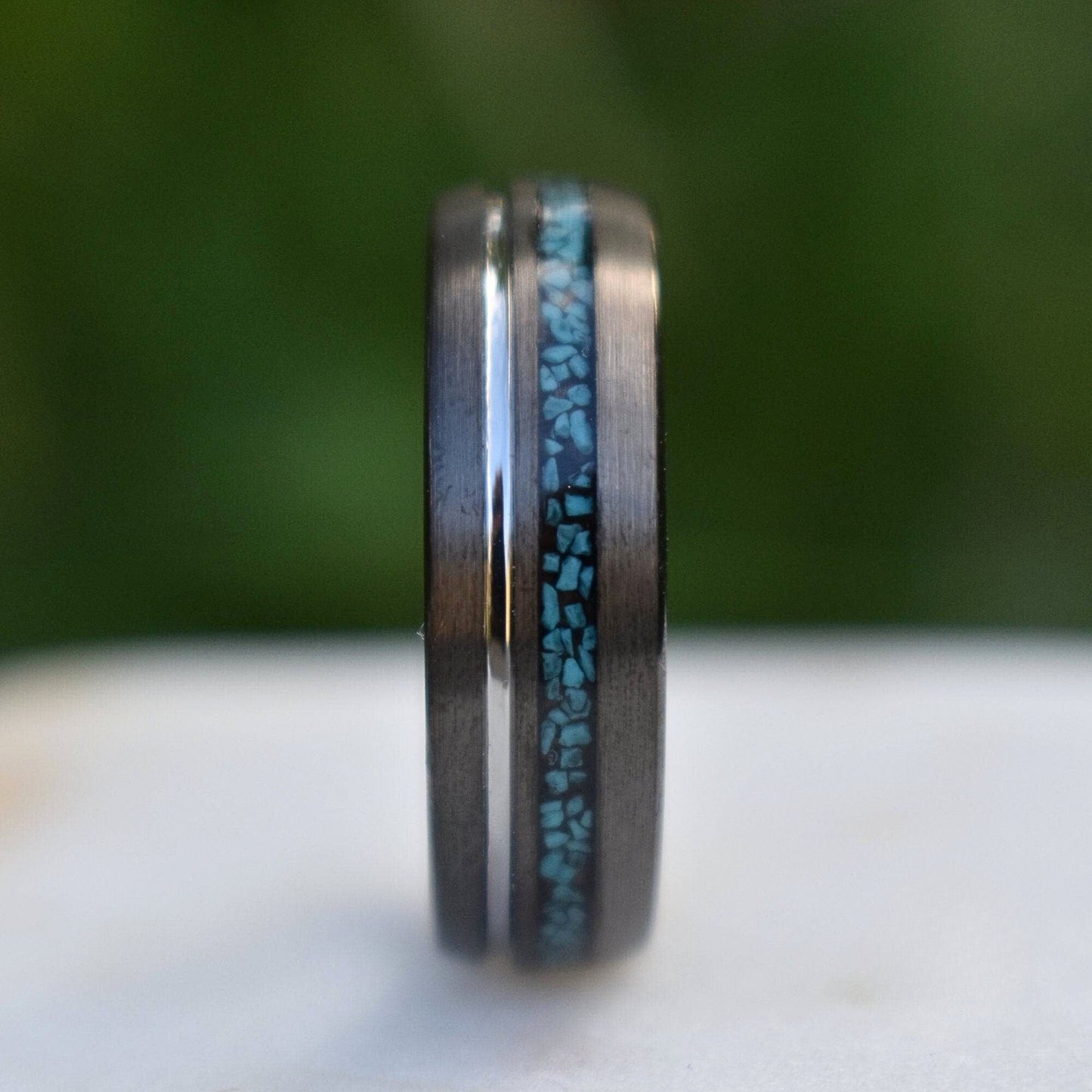 Tungsten 8mm Ring Grey with Silver Accent and Crushed Turquoise