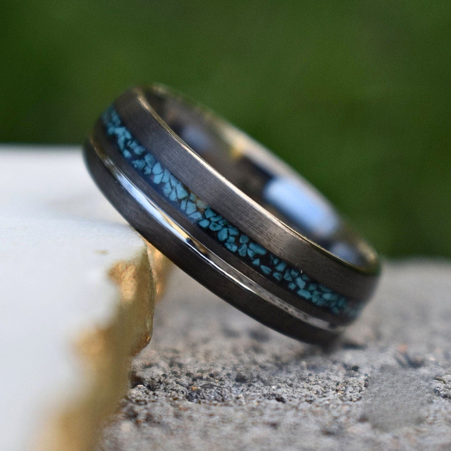 Tungsten 8mm Ring Grey with Silver Accent and Crushed Turquoise