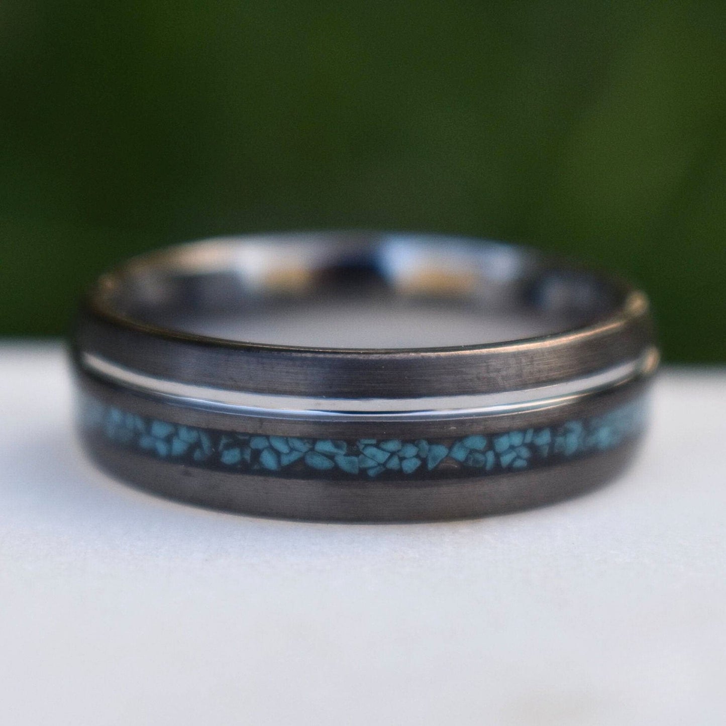 Tungsten 8mm Ring Grey with Silver Accent and Crushed Turquoise