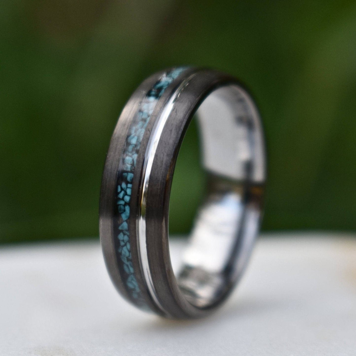 Tungsten 8mm Ring Grey with Silver Accent and Crushed Turquoise