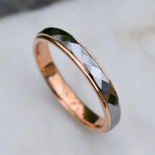 Tungsten 4mm Diamond Facet Silver Ring with Rose Gold Edges