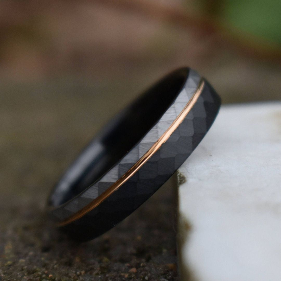 Hammered 6mm Tungsten Ring Black and Silver Brushed with Rose Gold Accent - Tungsten Titans