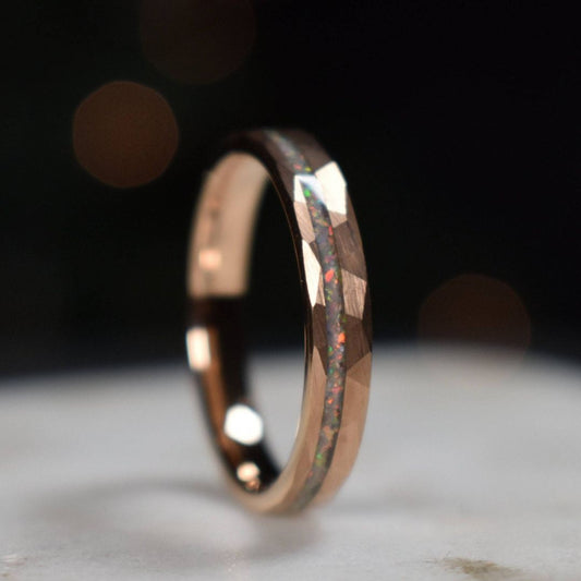 Tungsten 4mm Hammered Rose Gold Ring with Crushed Opal Centre - Tungsten Titans