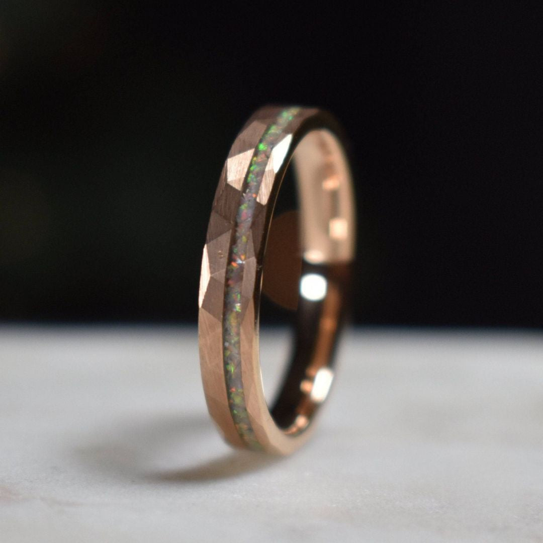 Tungsten 4mm Hammered Rose Gold Ring with Crushed Opal Centre - Tungsten Titans