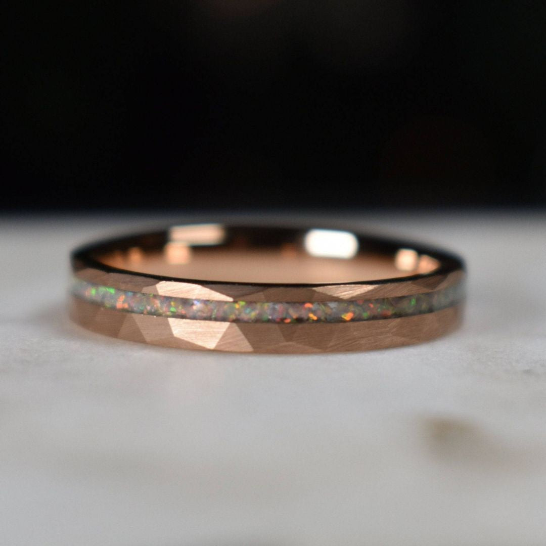 Tungsten 4mm Hammered Rose Gold Ring with Crushed Opal Centre - Tungsten Titans