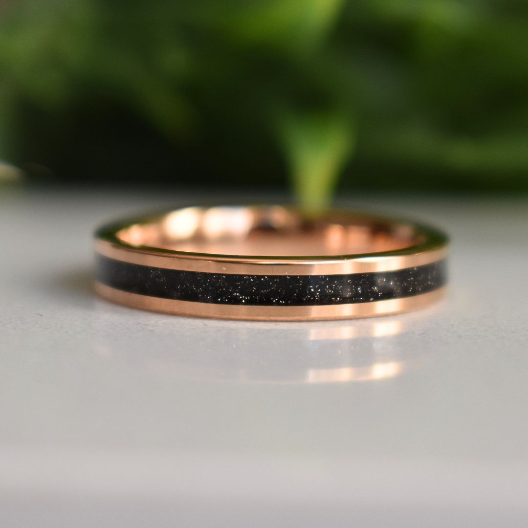 Tungsten Rose Gold Ring Black Druzy Quartz Wedding Band - Tungsten Titans