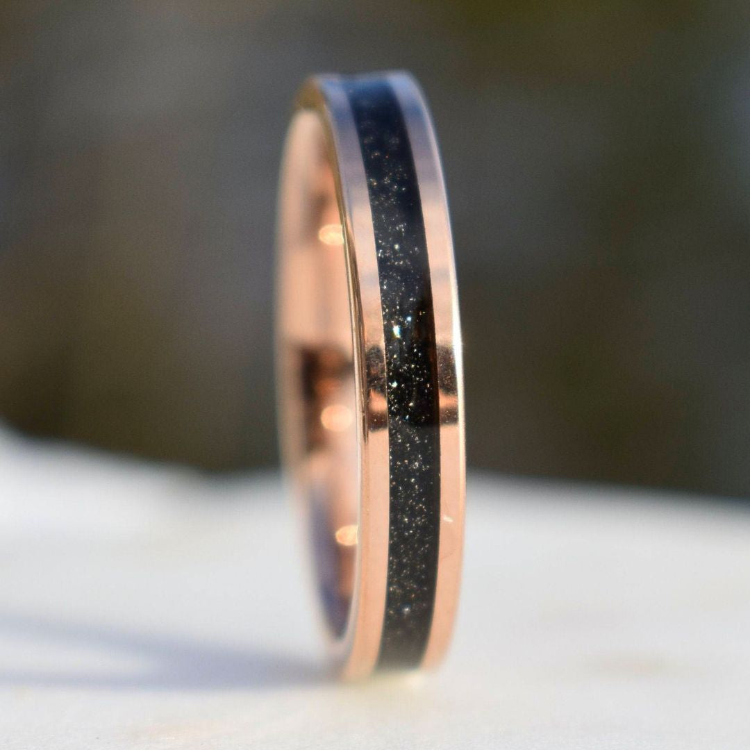 Tungsten Rose Gold Ring Black Druzy Quartz Wedding Band - Tungsten Titans