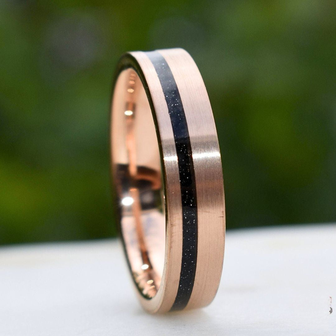 Tungsten Rose Gold 6mm Ring Black Druzy Quartz Wedding Band - Tungsten Titans