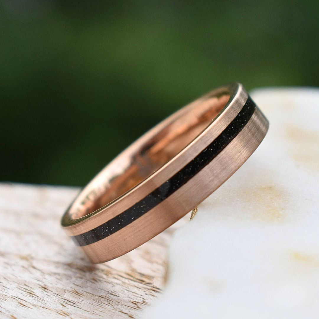 Tungsten Rose Gold 6mm Ring Black Druzy Quartz Wedding Band - Tungsten Titans