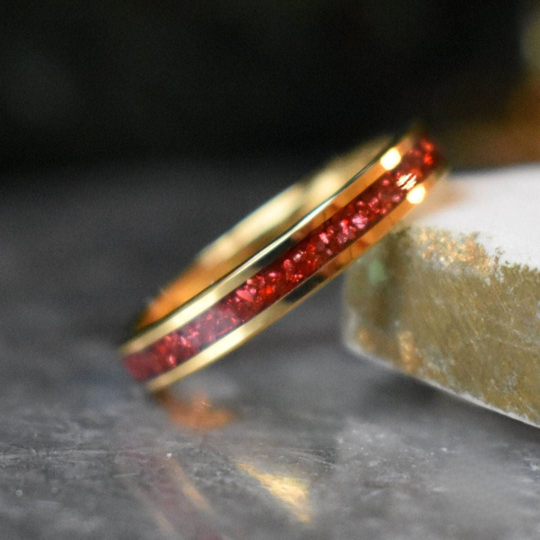 Tungsten 4mm Yellow Gold Ring German Ruby Red Glass Wedding Band - Tungsten Titans