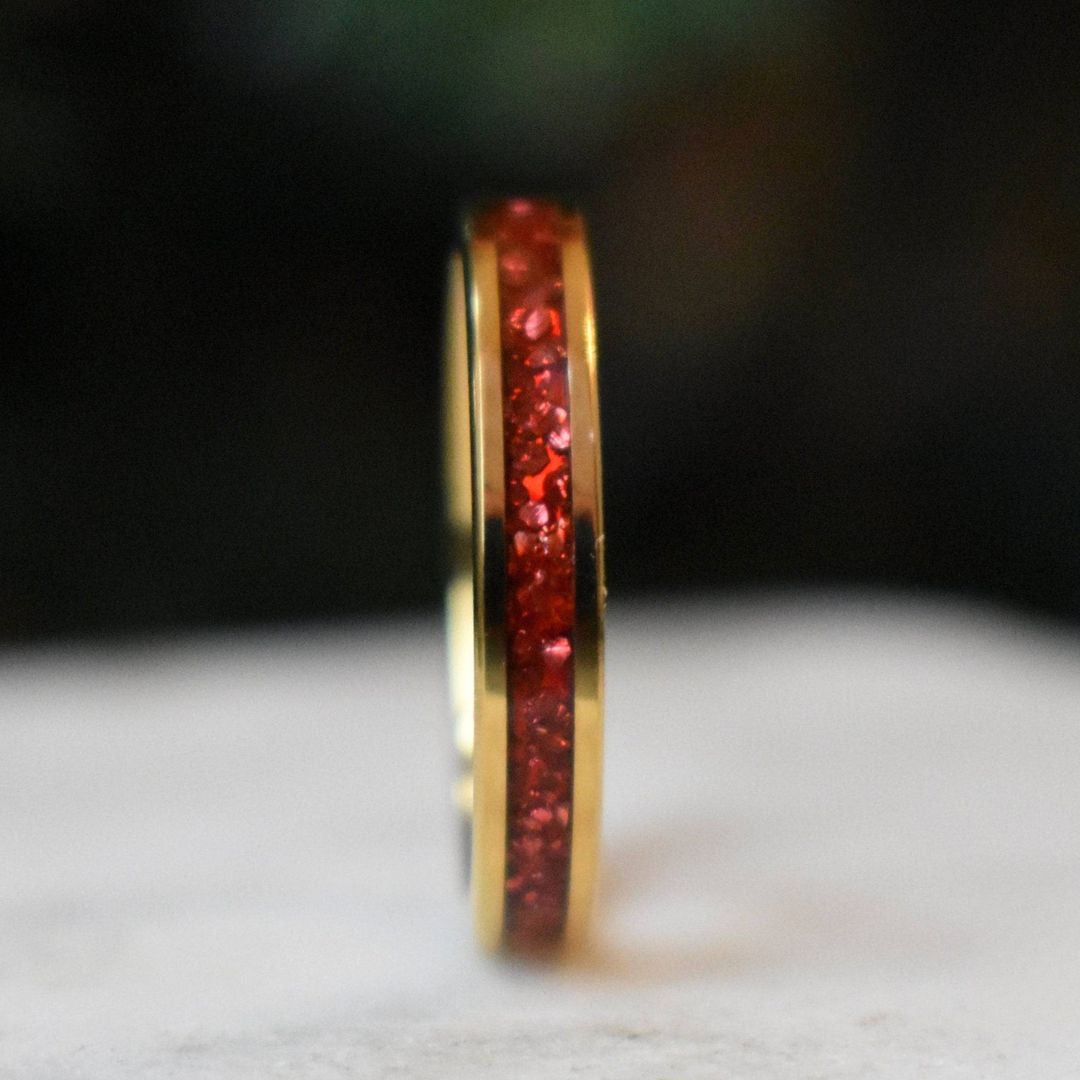 Tungsten 4mm Yellow Gold Ring German Ruby Red Glass Wedding Band - Tungsten Titans