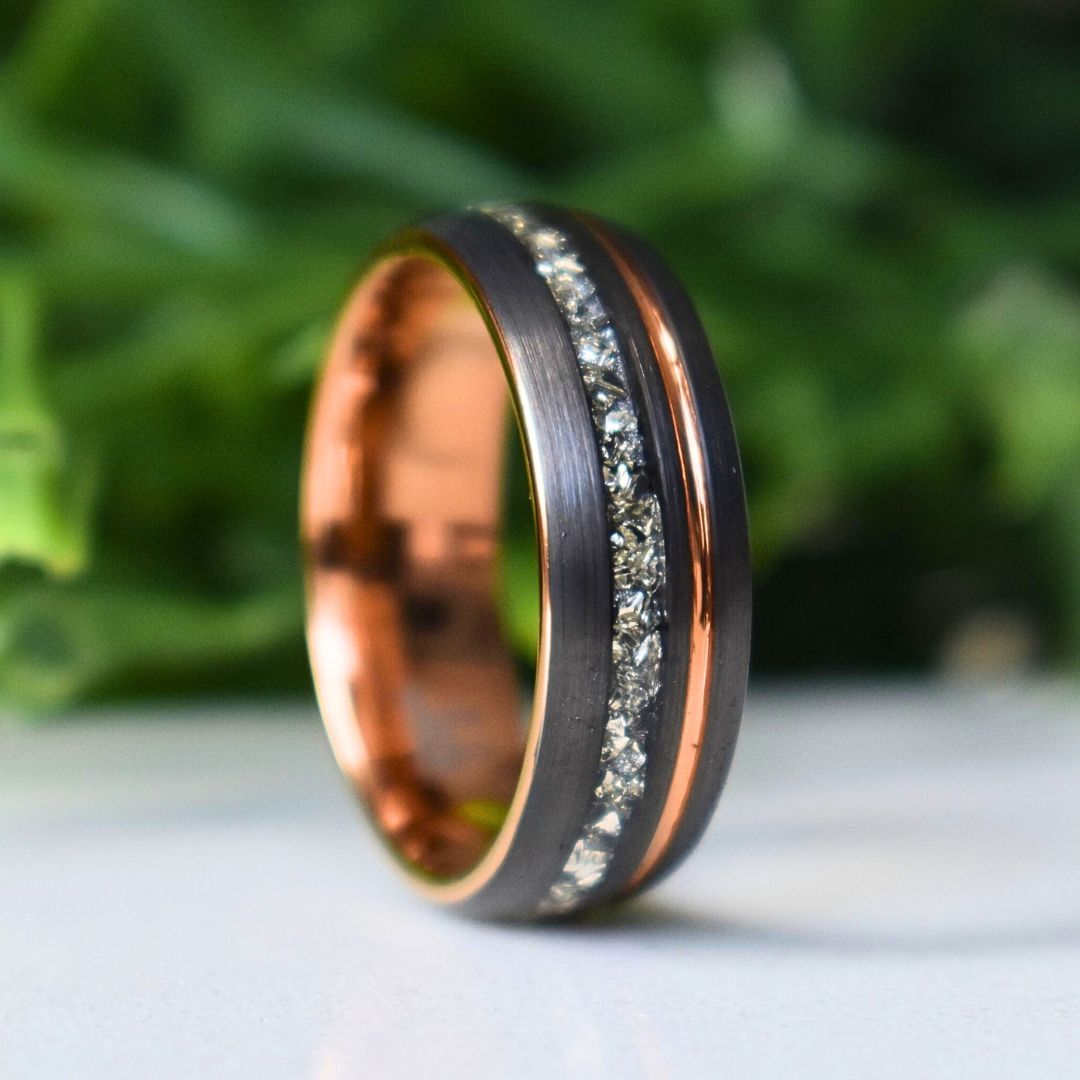 Tungsten 8mm Ring Grey with Rose Gold Accent and German Glass - Tungsten Titans